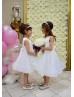 Beaded White Lace Tulle Flower Girl Dress With Horsehair Bands